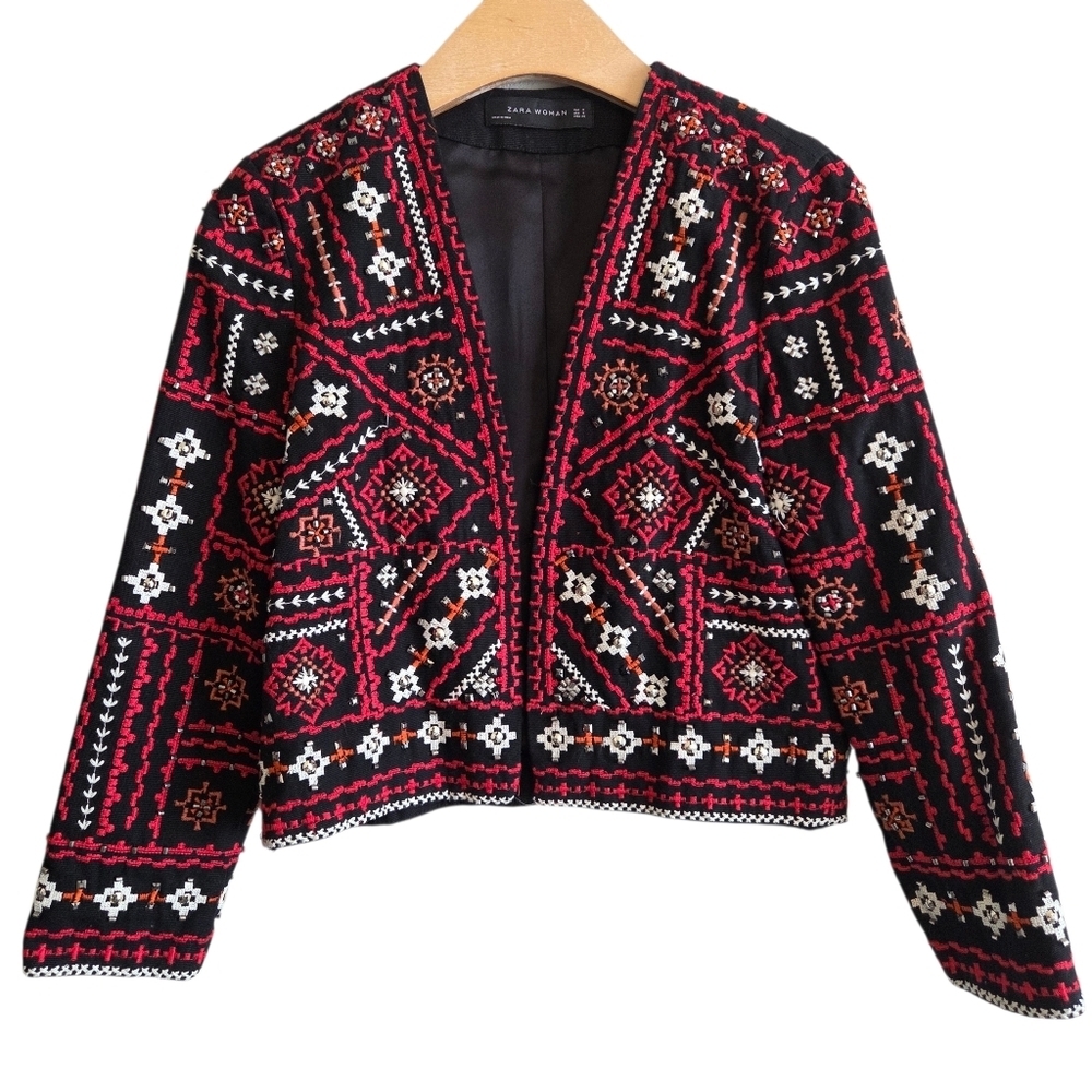 Zara Boho Embroidered Beadwork Chic Cropped Bolero Jacket Sz S Aztec Ethnic Work
